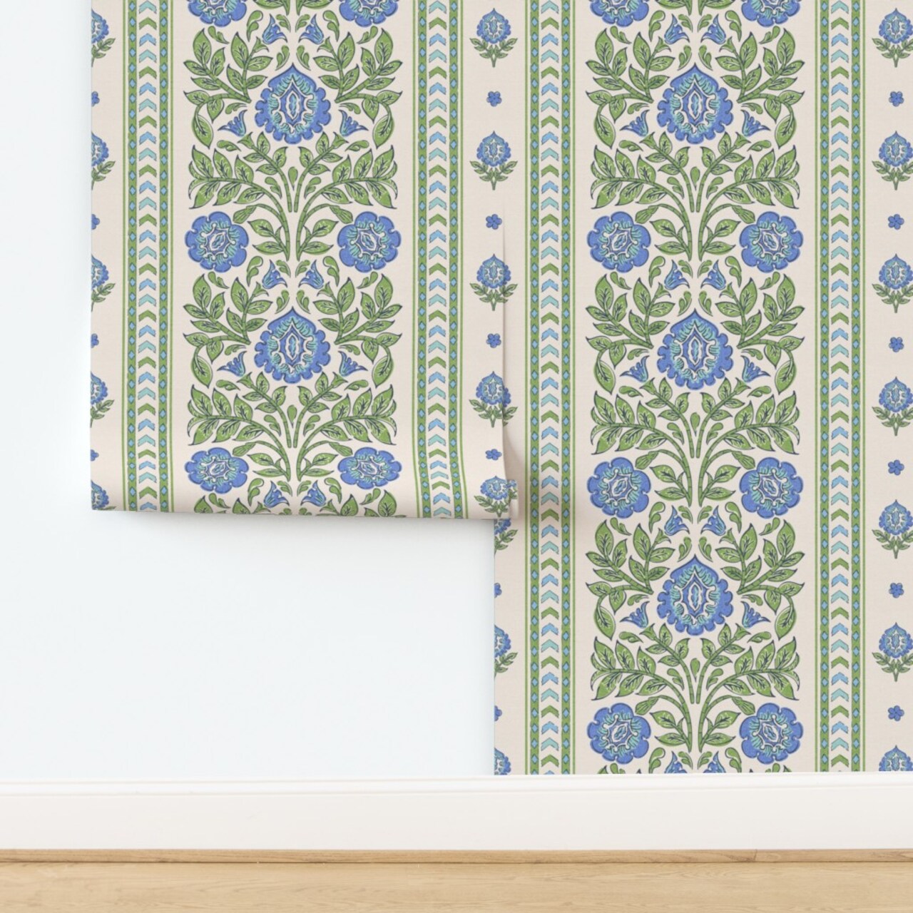 Indian Floral Blue Flowers Green Botanical Traditional Large Scale Stamped Stripes Custom Pre-pasted Wallpaper by Spoonflower Pre-Pasted Wallpaper 2FT Wide